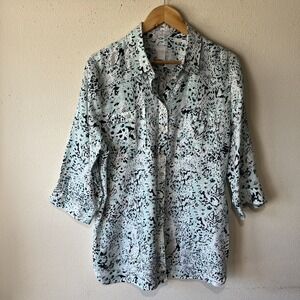 Chico's No Iron Linen Button Up Shirt  3/4 Sleeve Colorful Navy US 12/ 2 Beachy